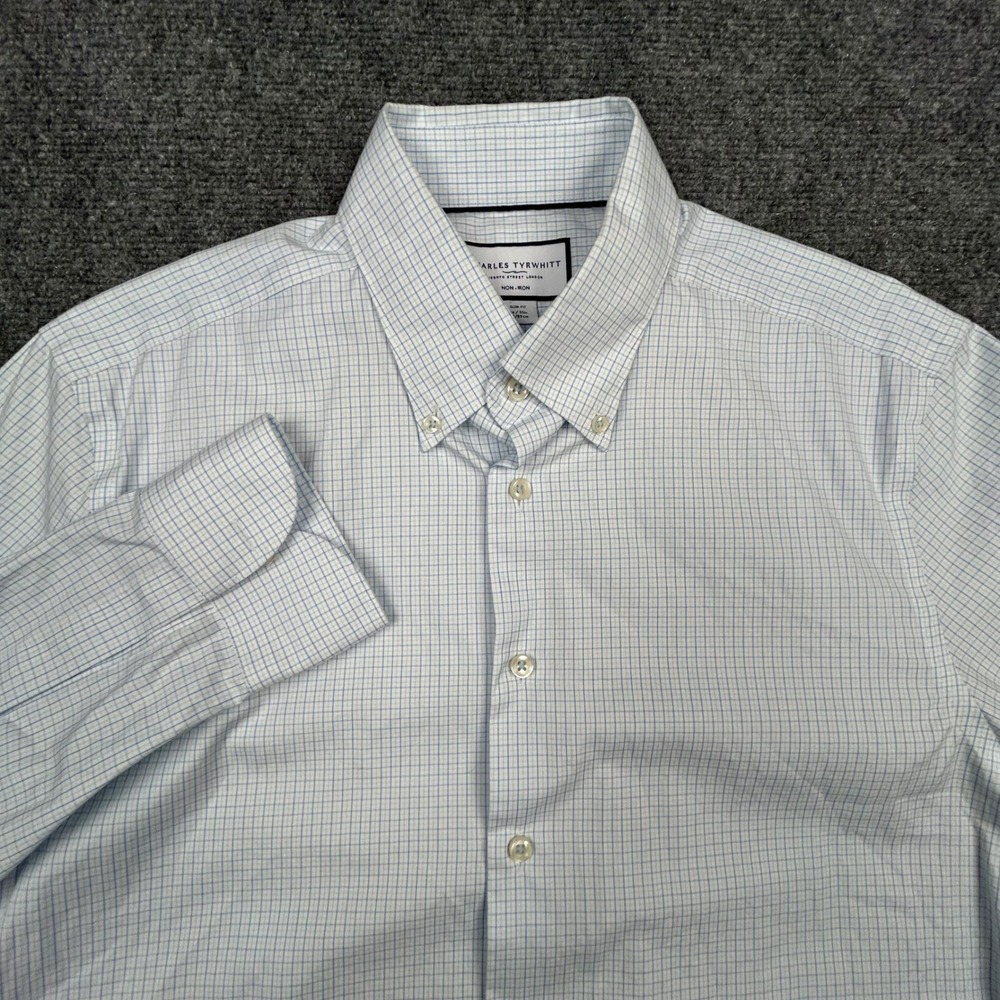 Charles Tyrwhitt Dress Shirt Mens 16/35 Blue White Check Slim Fit Non-Iron‎
